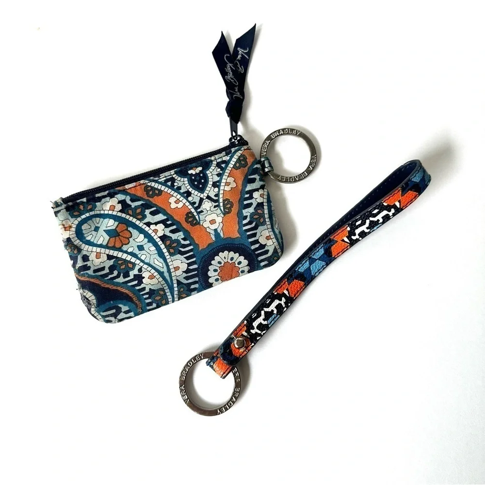Vera Bradley 2 pieces In the Loop key ring blue orange wristlet strap ID holder